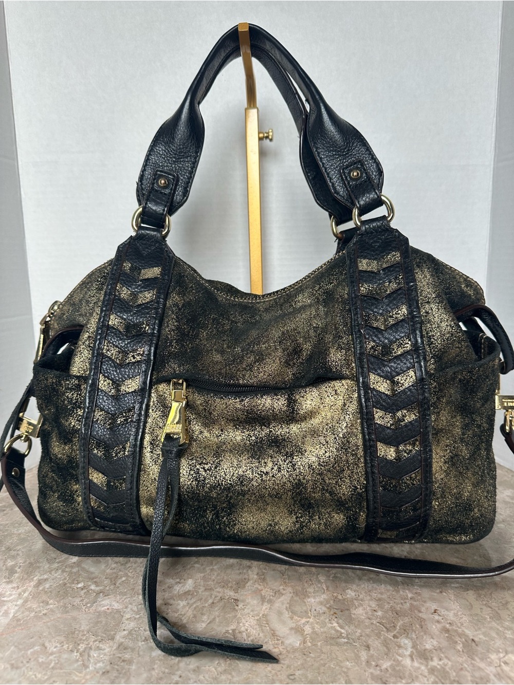 Aimee Kestenberg SoHo Metallic Gold Leather Satchel Luxe Edgy Grunge Dark Glam